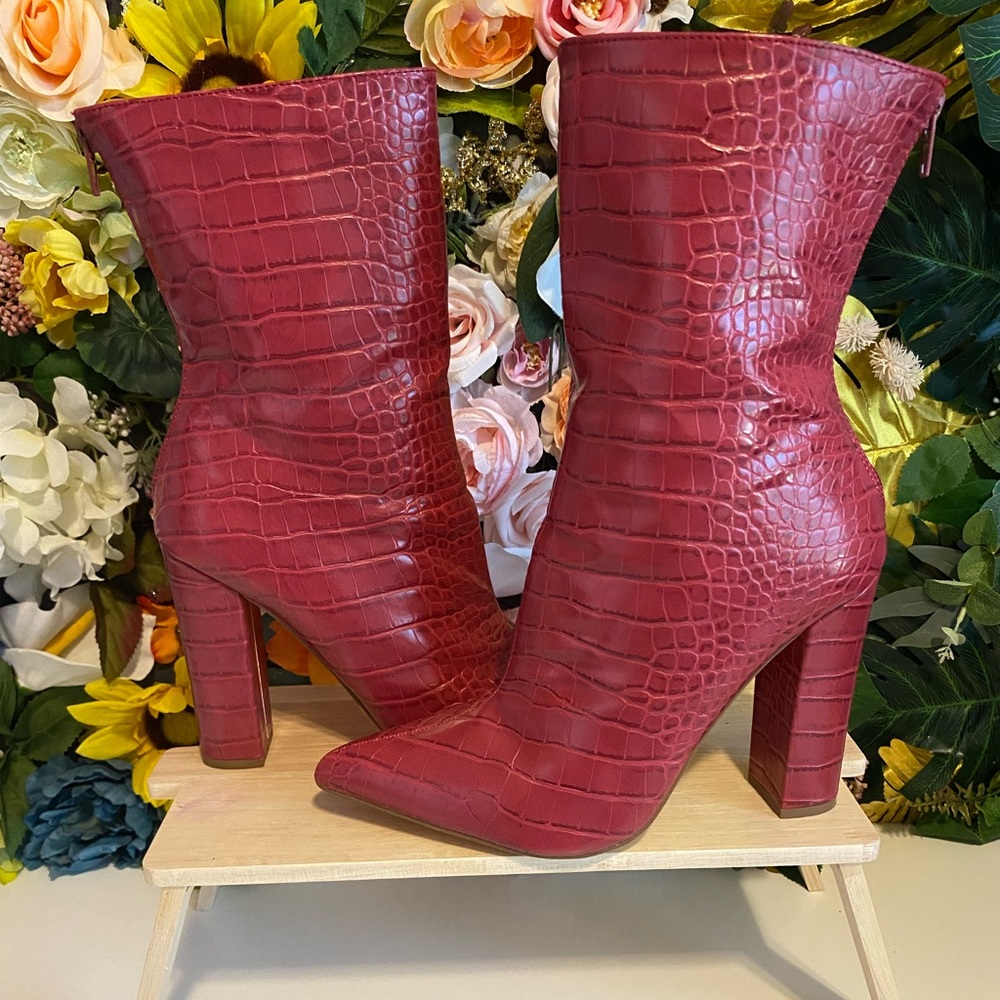 Red snakeskin booties